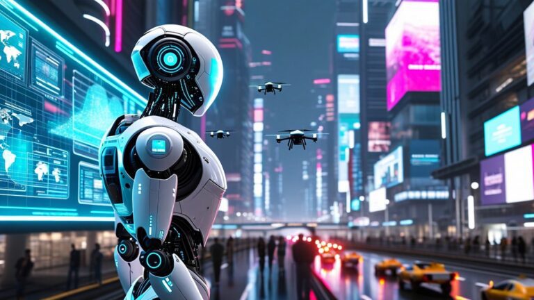 A,Futuristic,Cityscape,Showcasing,Artificial,Intelligence,,Robotics,,Automation,,And,Smart