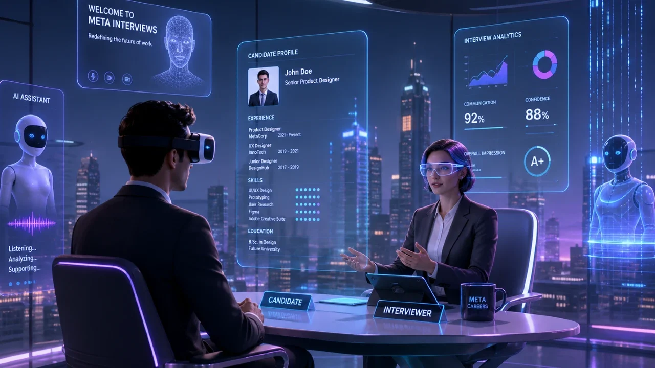 A futuristic virtual job interview in a metaverse setting, showing a candidate wearing a VR headset seated across from an interviewer in a sleek, neon-lit digital office. Holographic screens display a resume, analytics, and AI assistant visuals, with a glowing city skyline visible in the background. The scene has a professional, high-tech atmosphere with blue and purple lighting.