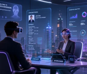 A futuristic virtual job interview in a metaverse setting, showing a candidate wearing a VR headset seated across from an interviewer in a sleek, neon-lit digital office. Holographic screens display a resume, analytics, and AI assistant visuals, with a glowing city skyline visible in the background. The scene has a professional, high-tech atmosphere with blue and purple lighting.