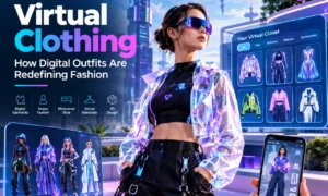 Virtual Clothing: Digital outfits, futuristic avatar fashion, 3D garments, and AR virtual try-on in a vibrant metaverse fashion showroom.